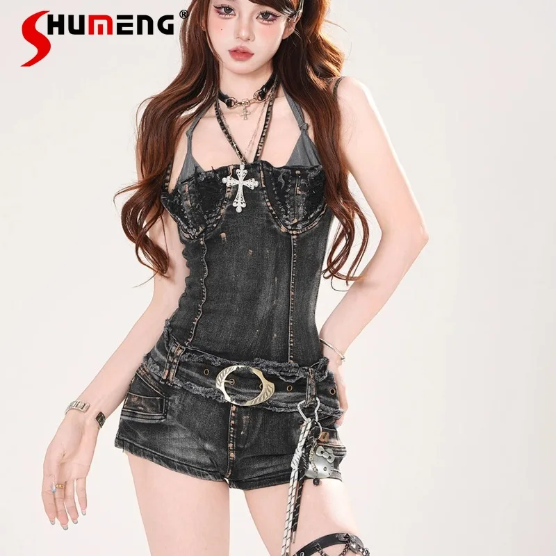 

American Retro Style Halterneck Ripped Denim Jumpsuit Women's 2025 Summer Slim Fit Soft Girl Low Waist Short Pants Streetwear