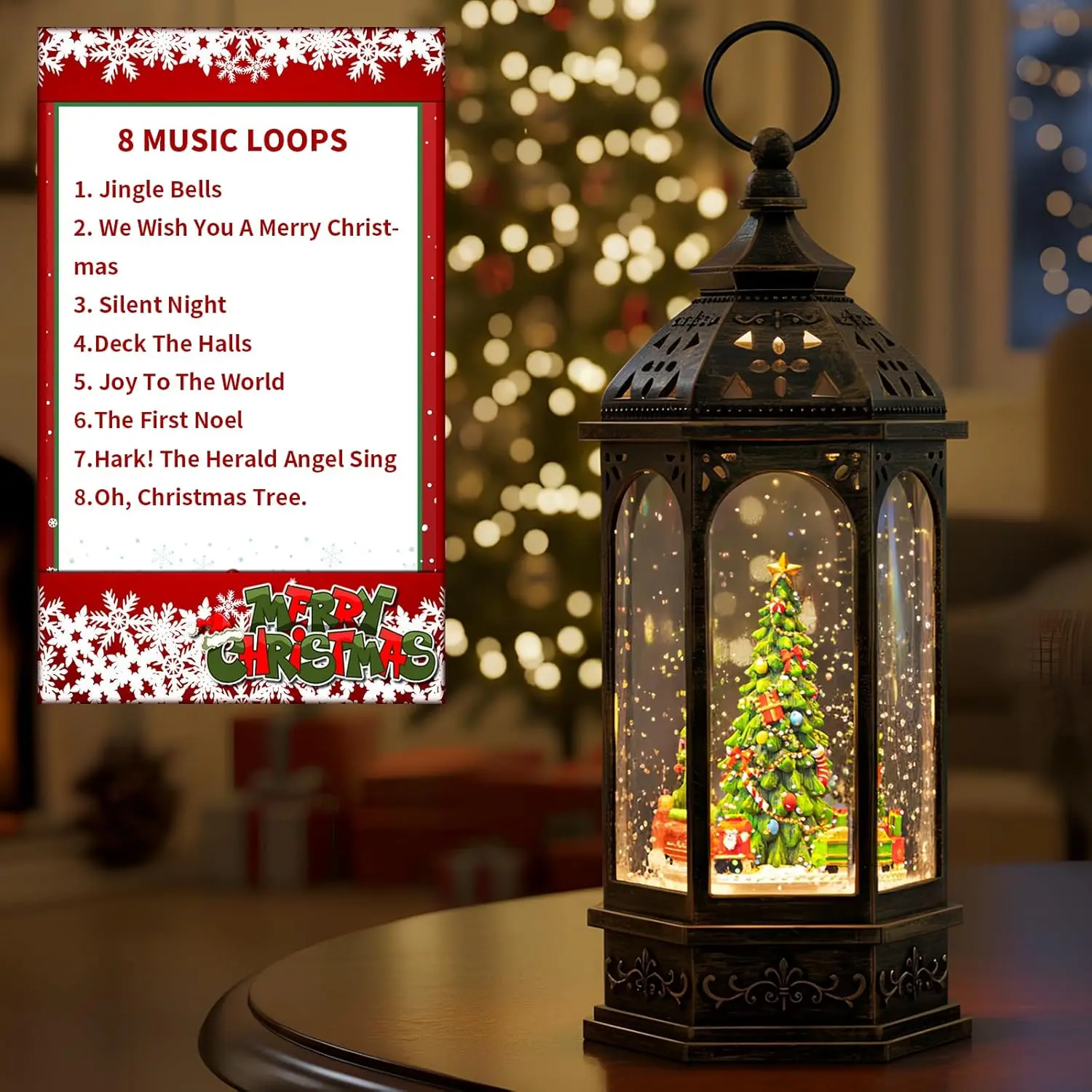 كرات الثلج لعيد الميلاد، قطار دوار حول فانوس الماء لموسيقى شجرة عيد الميلاد، 8 موسيقى عيد الميلاد، يعمل بمنفذ USB وبطارية، Ho