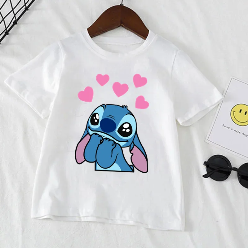 Camiseta branca de manga curta com stitch de desenho animado, roupa fofa com stitch da disney para meninos e meninas