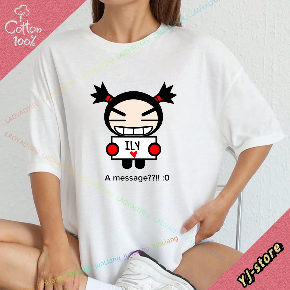 Pucca Cute Lovers Graphic Mens Clothes 100% Cotton Men's Shirts Oversized T-shirt Short Sleeve Tee Tops Harajuku Y2k Streetwear