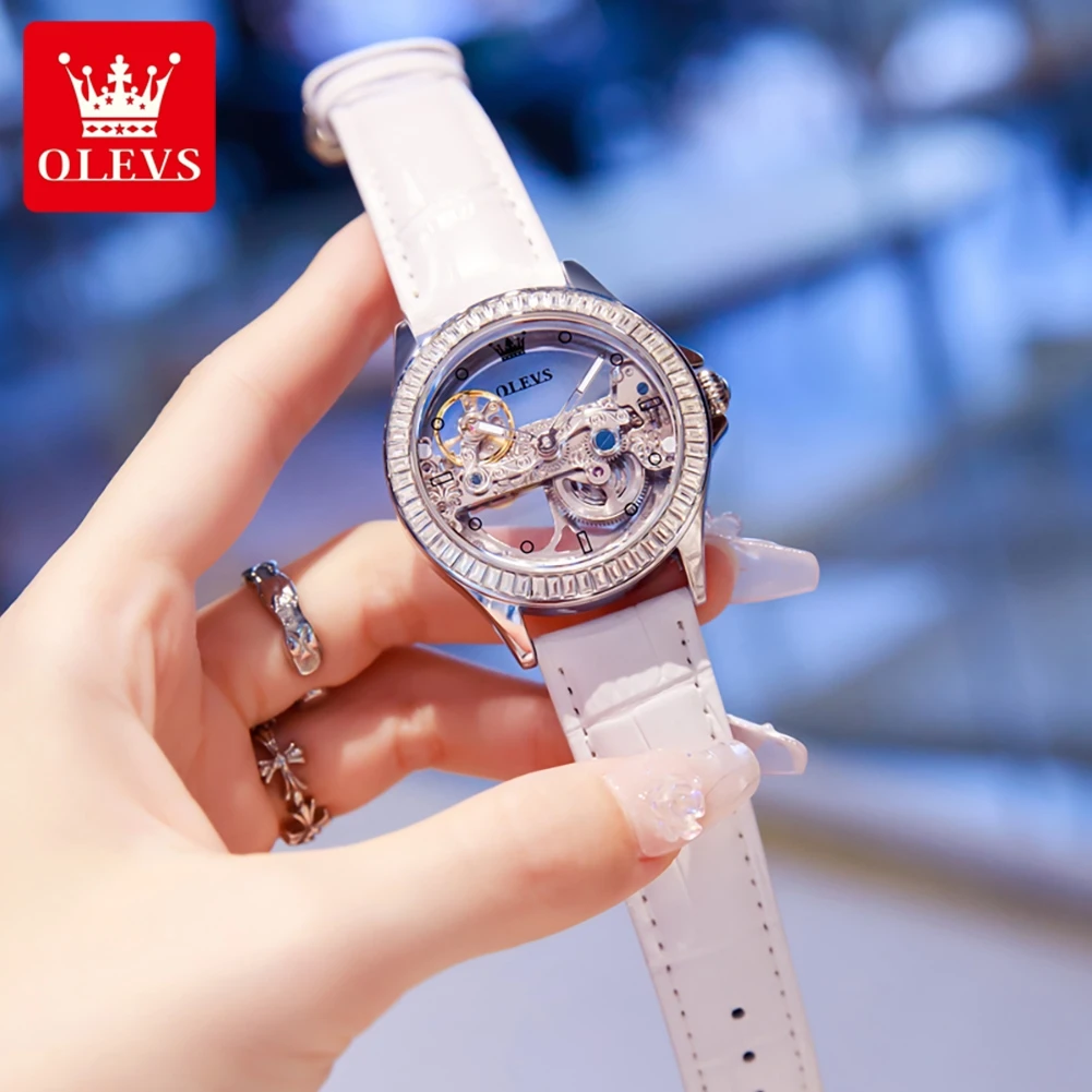 OLEVS-reloj mecánico totalmente ahuecado para mujer, pulsera de lujo a la moda con diamantes, elegante, automático