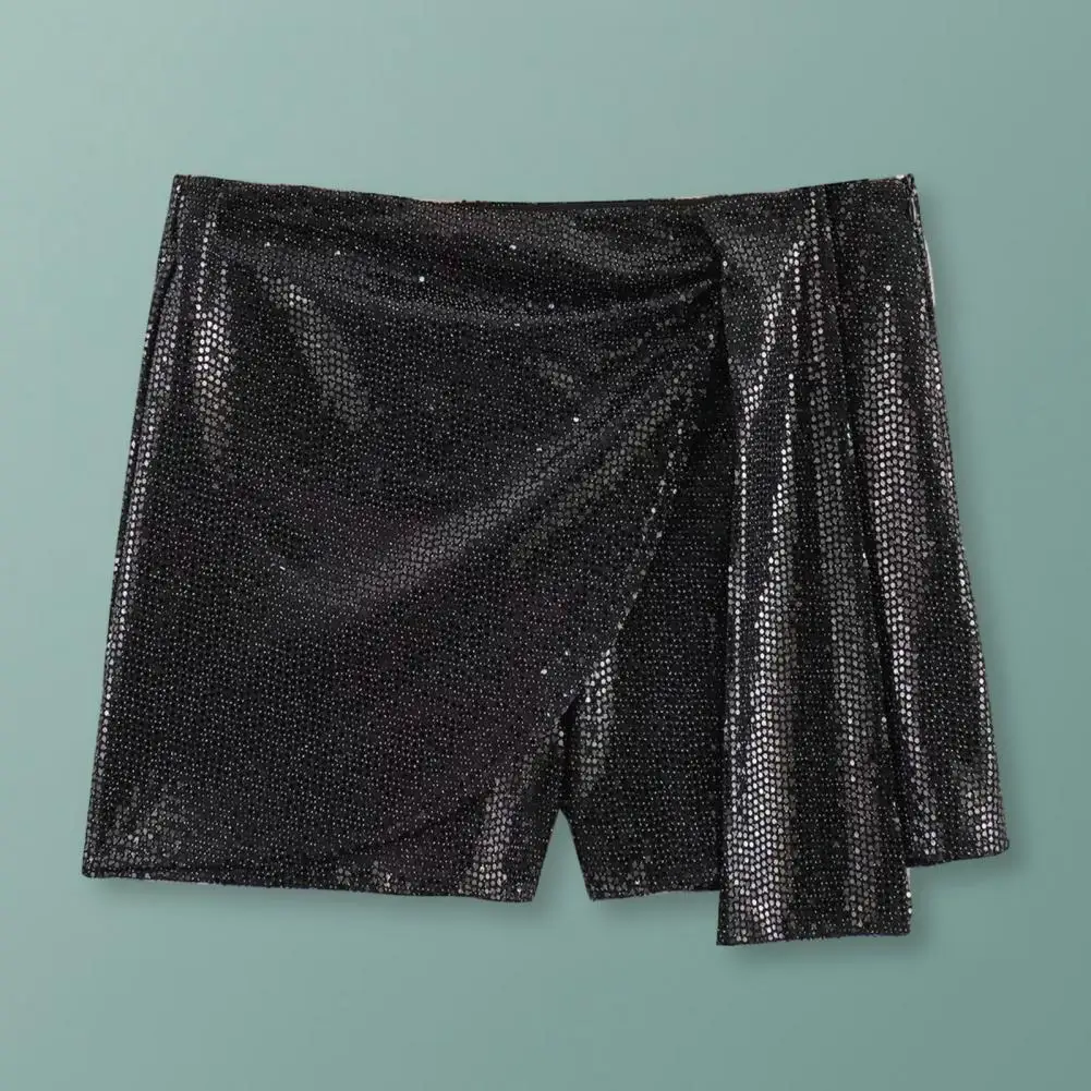 

Women Shorts Skirt Shiny Sequin Irregular High Waist Shorts A-line Above Knee Length Party Performance Beach Mini Culottes