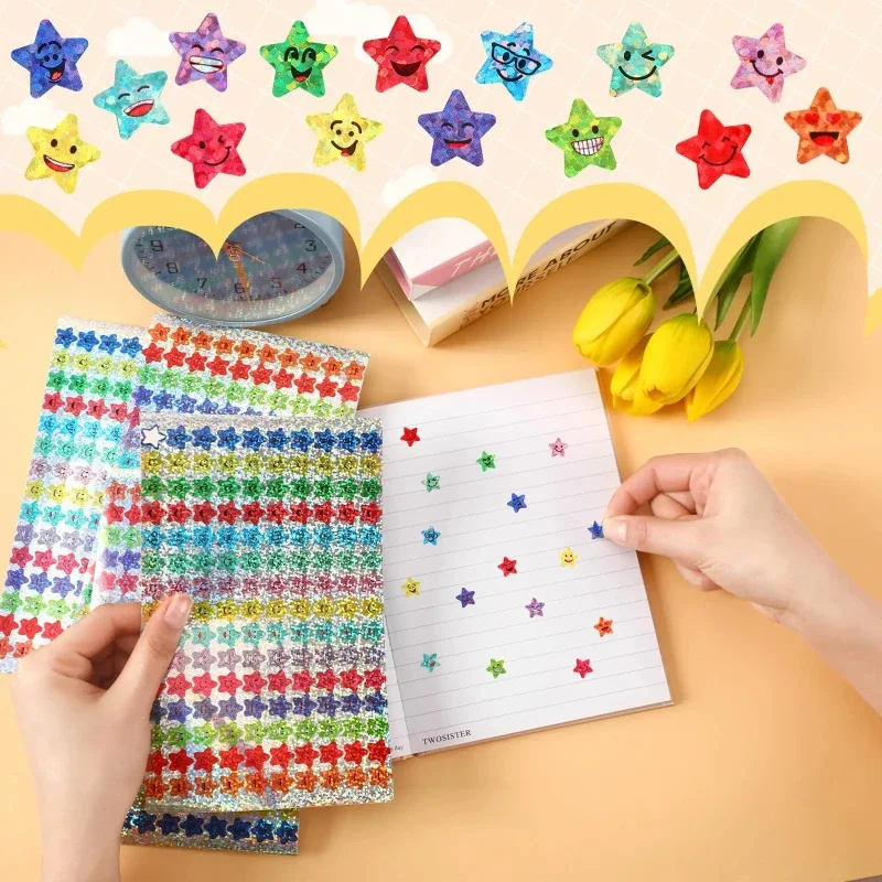 1500 Pcs Glitter Foil Small Star Stickers,15 Designs Happy Face Stickers for Student Reward image 4