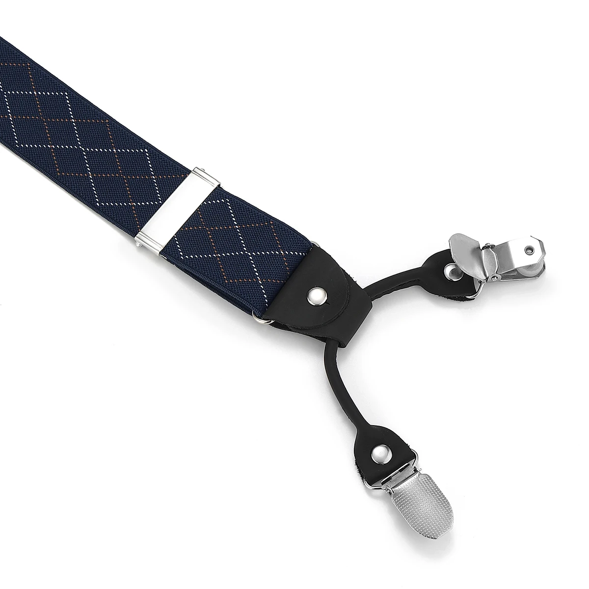 Estilo a cuadros azul marino retro británico, accesorios para pantalones de traje de caballero con seis clips para hombre, tirantes antideslizantes.