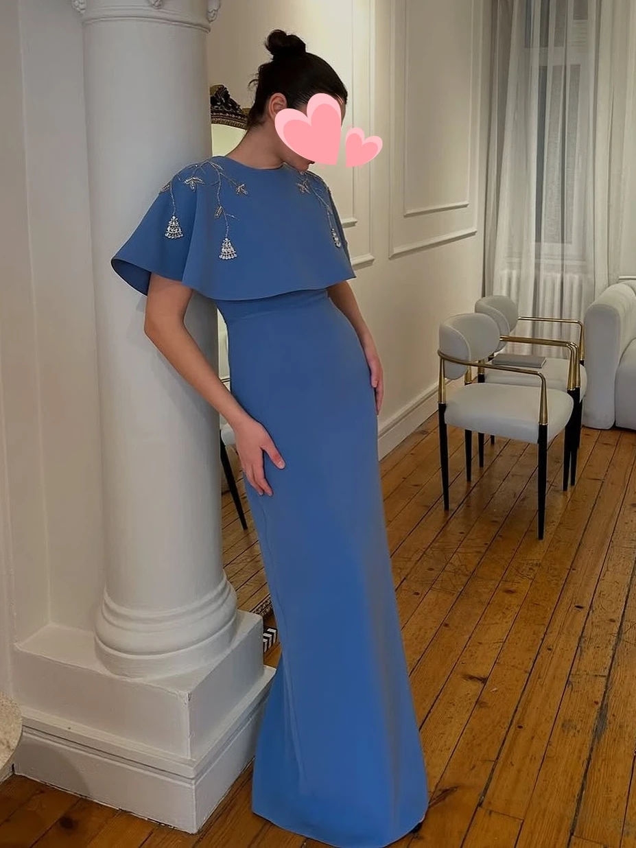 

Oisslec Prom Dresses Elegant Vintage Sweet Blue Beads Cape Stylish Fashion Formal Occasion Prom Dress Evening Party Gowns