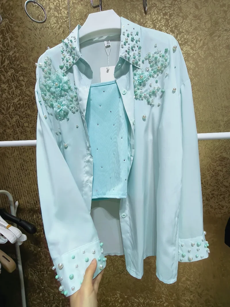 Luxury Rhinestones Pearls Beaded Chiffon Blouses Sequined Flowers Sunscreen Shirts Coat Single breasted Cardigan 2pcs Set Blusas