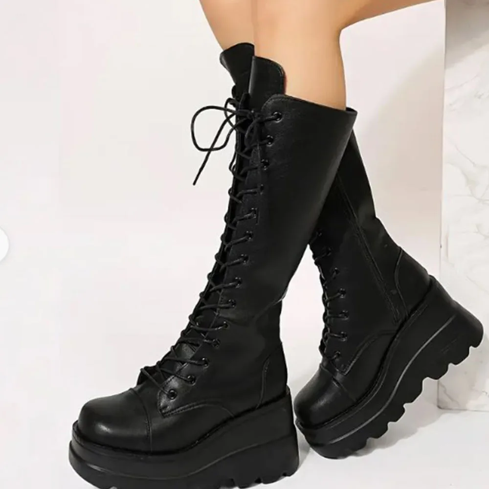 DoraTasia Black Gothic Fashion Round Toe Side Zipper Lace Up Women's Mid Calf Boots New INS Christmas Street Party Shoes Woman