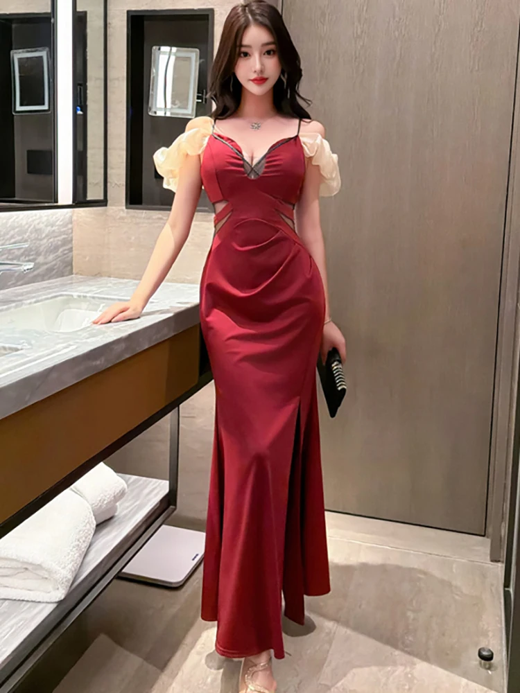 

Women Red Pleated Hollow Out Sexy Sling Long Dress 2026 Korean Vintage Luxury Dance Party Dress Summer Elegant Bodycon Vestidos