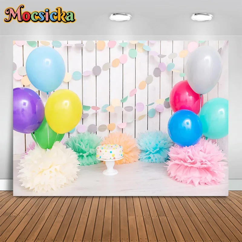 

Mocsicka Photography Background Baby Show Colorful Balloons White Plank Backdrop Happy Birthday Cake Smash Kids Portrait Studio
