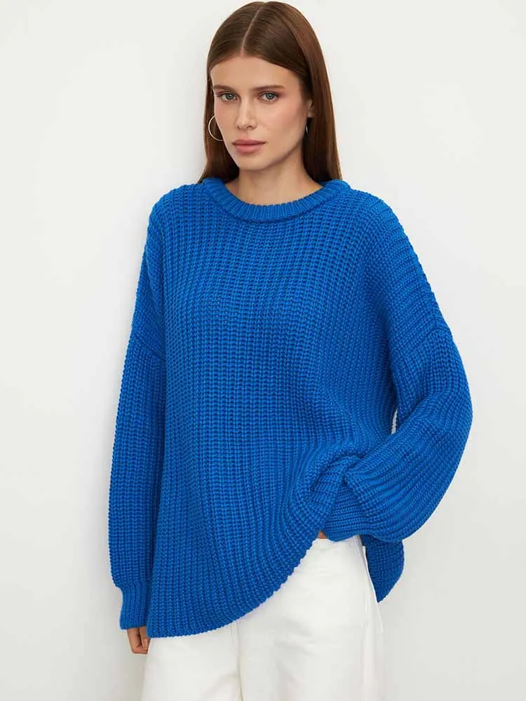 

BKQU большой свитер с круглым вырезом женский повседневный свободный ажурный рукав-фонарик теплый вязаный пуловер осень-зима женский джемпер