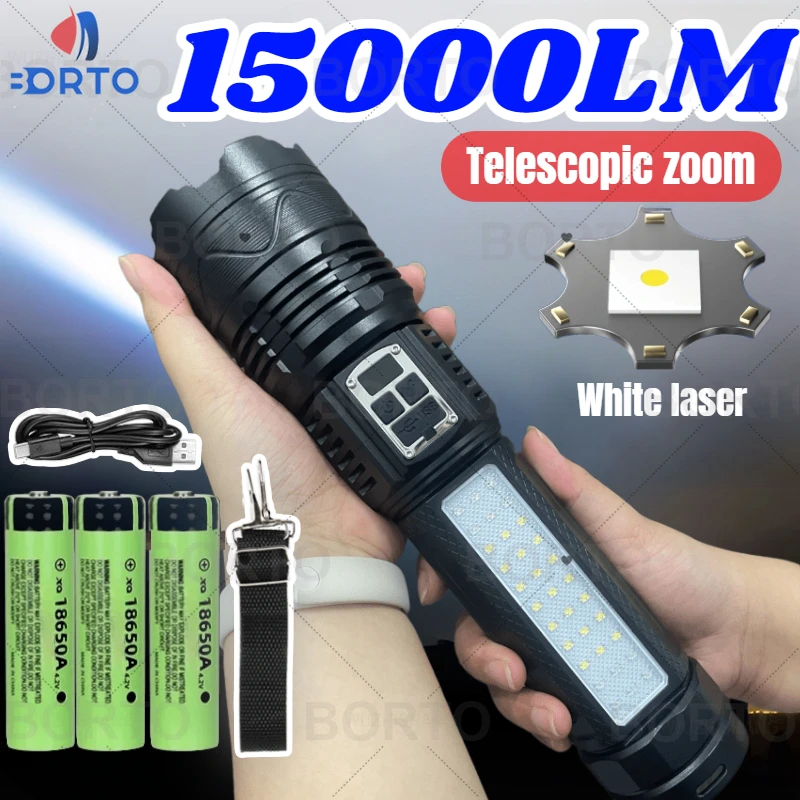 15000LM Powerful LED Flashlight Power Bank White Laser Telescopic Zoom Torch Rechargeable Home Ooutdoor Camping Lantern