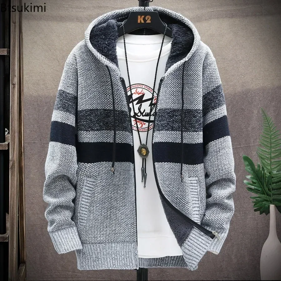 2025 Men's Winter Thick Warm Striped Cardigan Sweater Hooded Faux Fur Wool Jacket Windbreaker Fleece Jumper Knitted Jacket Male