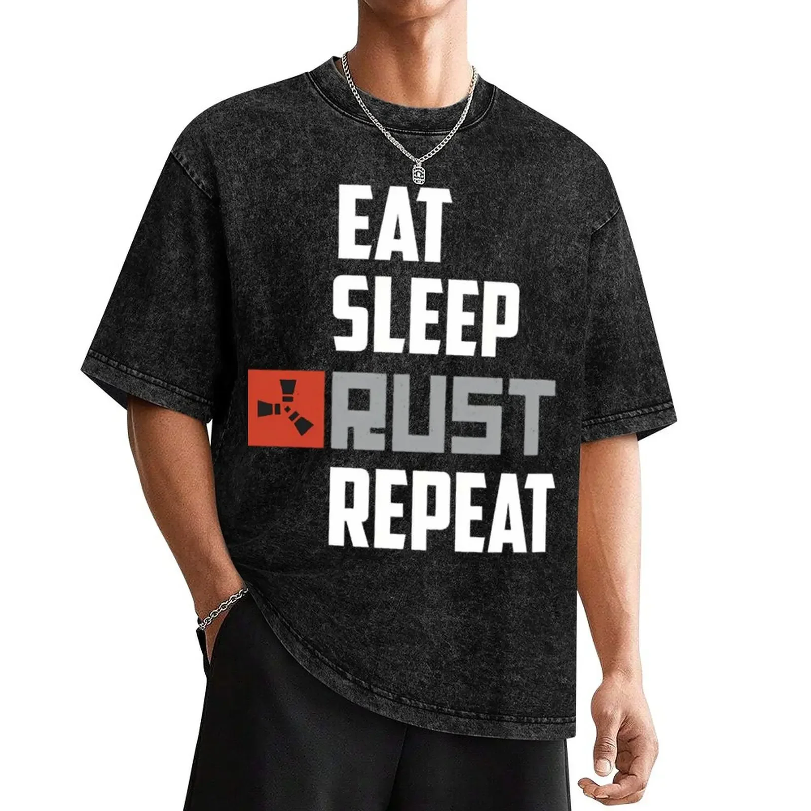 

Eat Sleep Rust Repeat White Text T-Shirt customs anime clothes new edition man t shirt mens graphic t-shirts hip hop