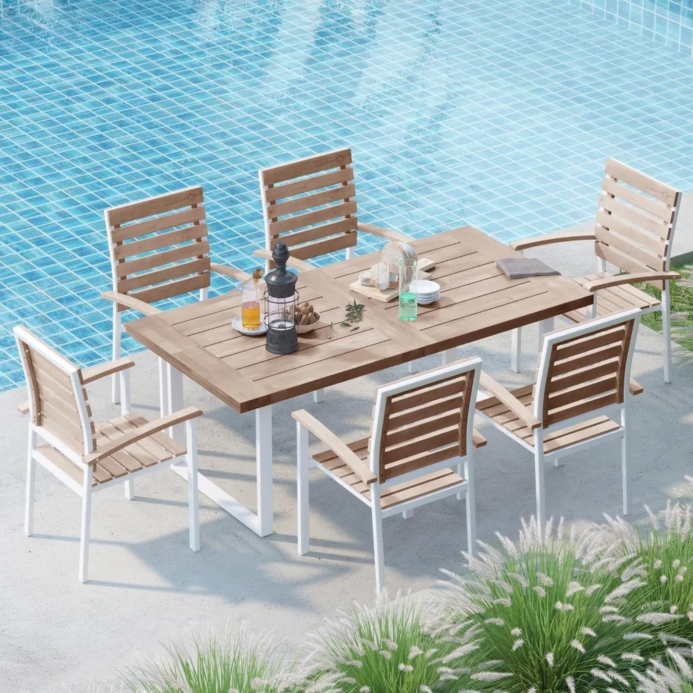 

7 Piece Outdoor Dining Set for 6, Acacia Wood 59.1" Patio Table and Chairs Set with Metal Frame, Patio Dining Furniture Set for