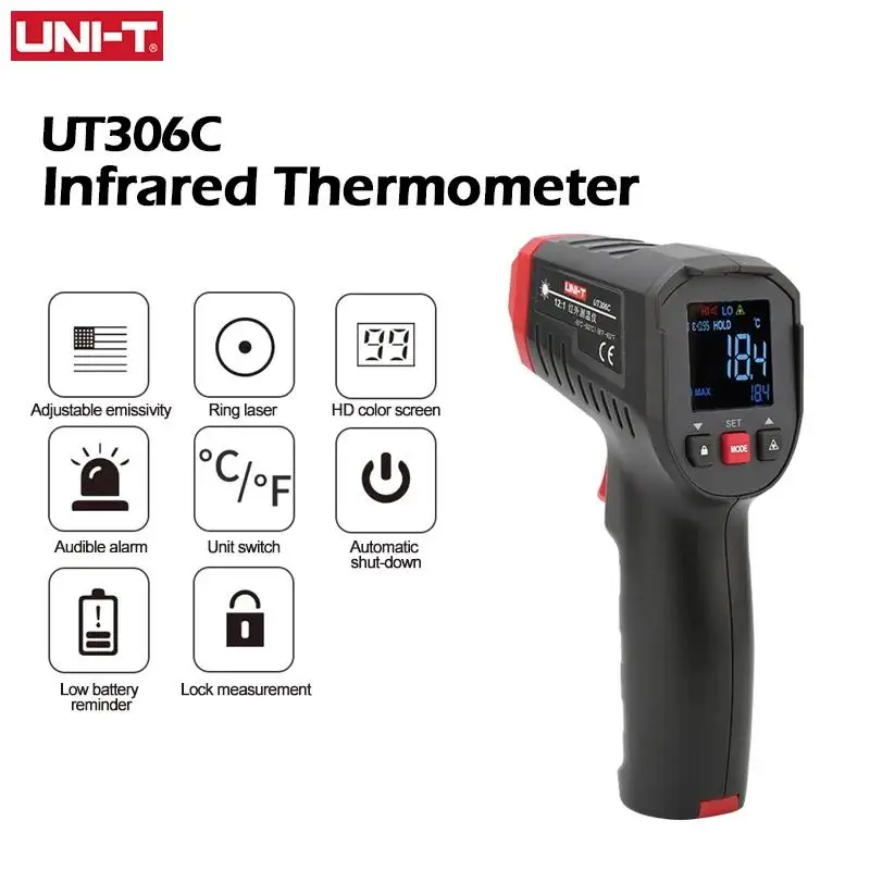 UNI-T UT306C Digital Infrared Thermometer Industrial Non-contact Laser Temperature Gun Meter -50-500