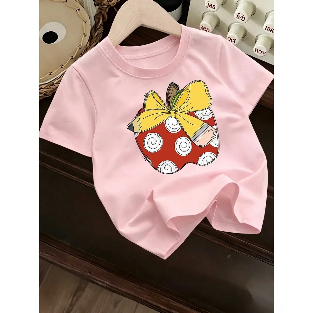 Summer Children's T-shirt Loose Comfortable Soft Skin Friendly Outdoor Sports Fashion Versatile Apple Bow Printed Top
