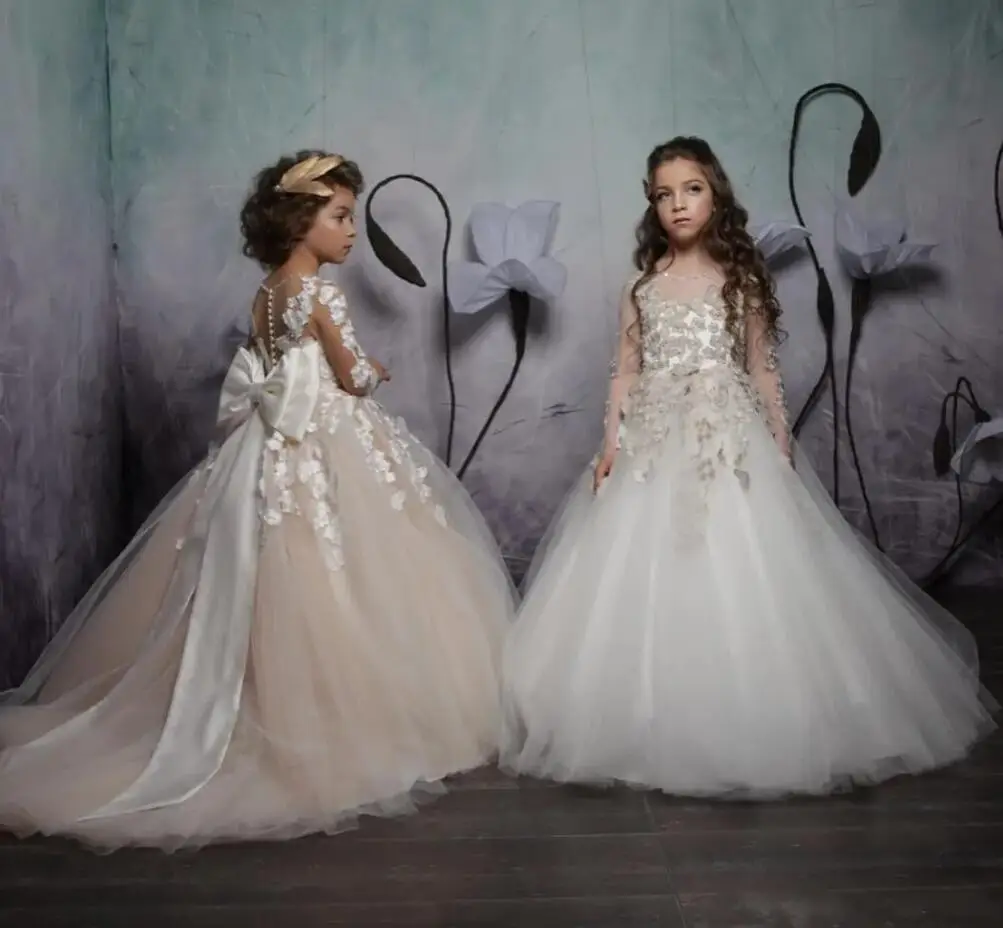 

Ball Gown Flower Girls Dresses For Weddings Appliqued Pageant Gowns With Long Sleeves Tulle Kids First Communion Dress