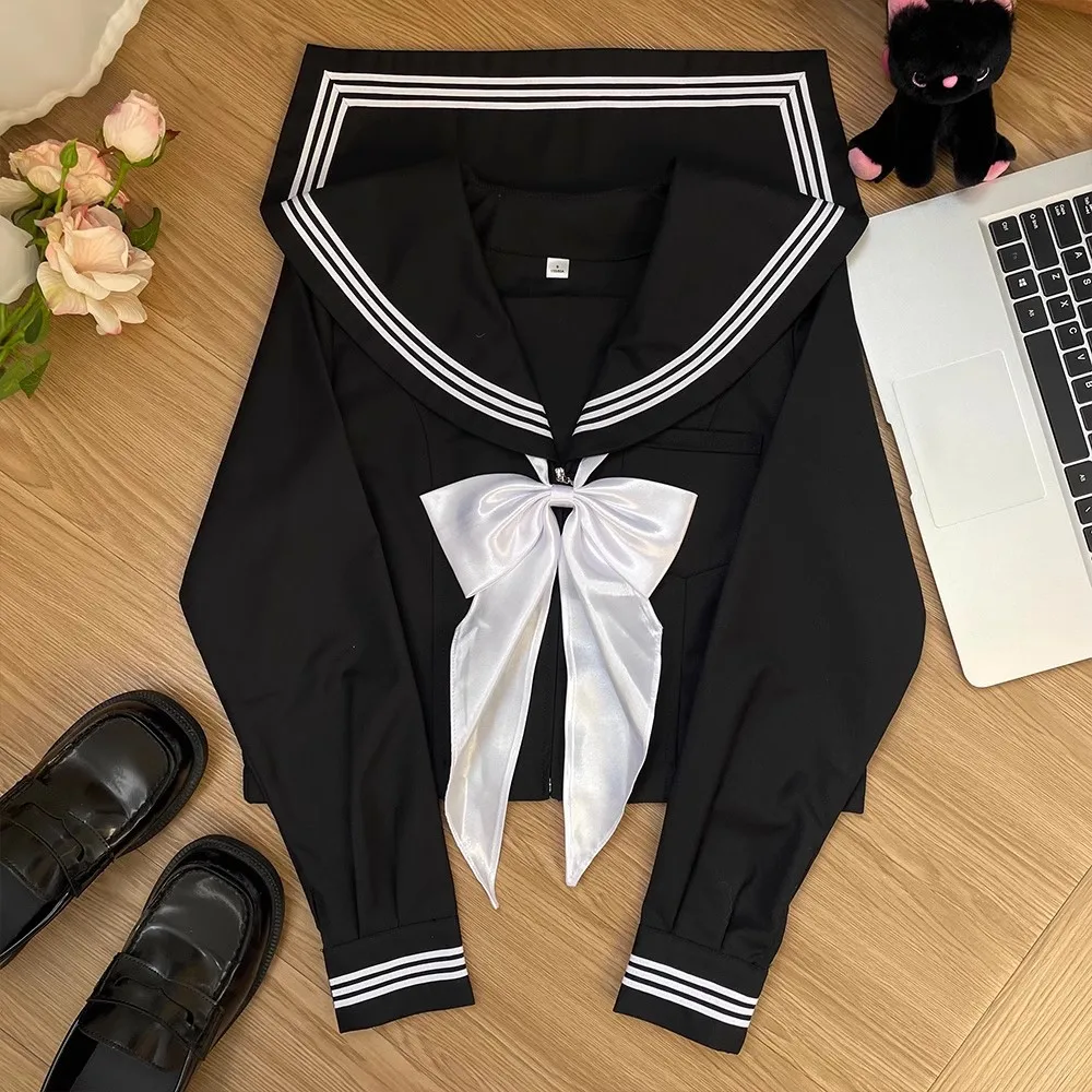 Uniforme da marinaio in stile giapponese Sailor nero Fuku Jk Uniforme scolastica Abbigliamento da marinaio per scuola superiore da donna Top Gonna a pieghe Seifuku