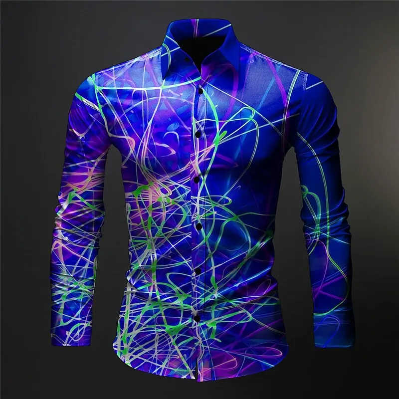 Summer Color Lines 3D Floral Print Men's Long Sleeve Shirt Single Row Zipper Fashion Design Long Sleeve Shirt Lapel Male Top