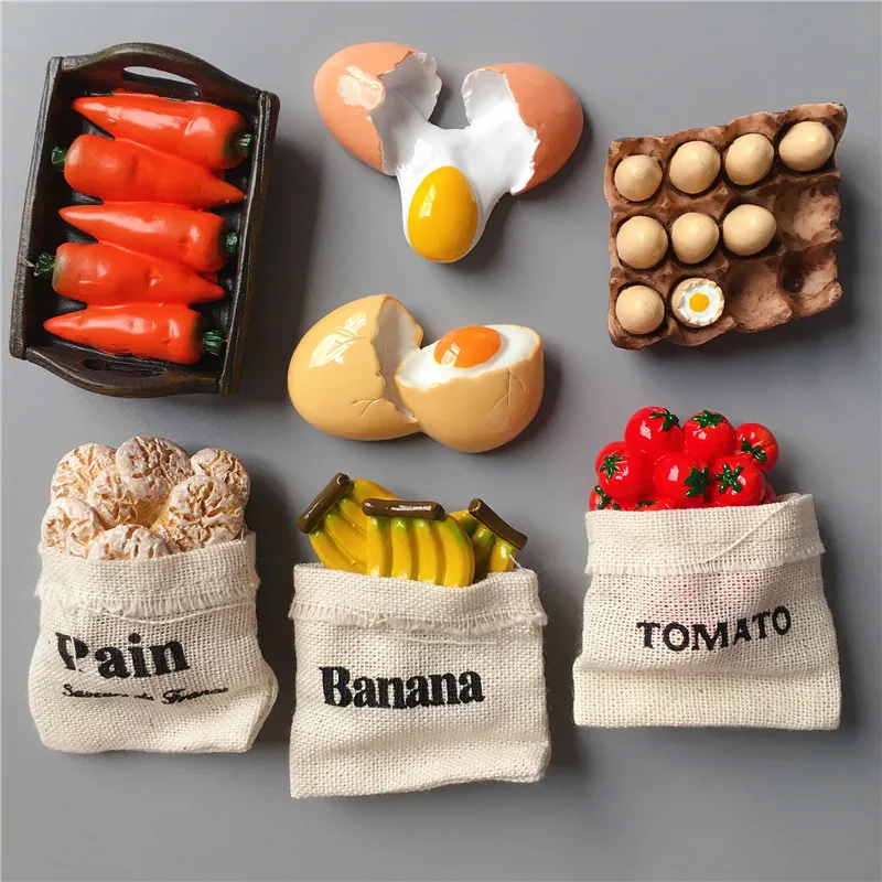 Resin Fridge Magnets with 3D Simulation of European Style Food like Eggs, Bread, Tomatoes and More - Great for Children's Toys