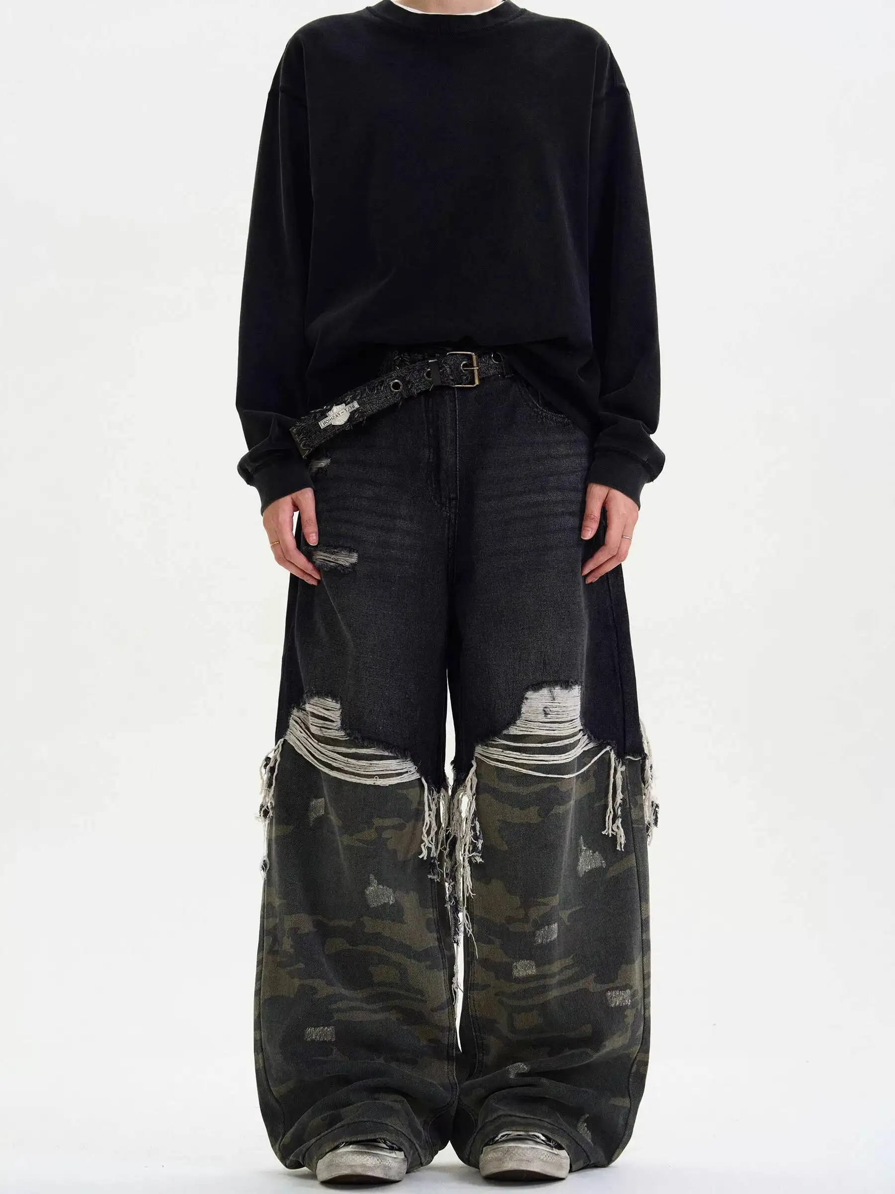 

Уличный стиль Дизайн из двух частей Камуфляжные лоскутные джинсы Унисекс High Street Модные повседневные свободные широкие брюки