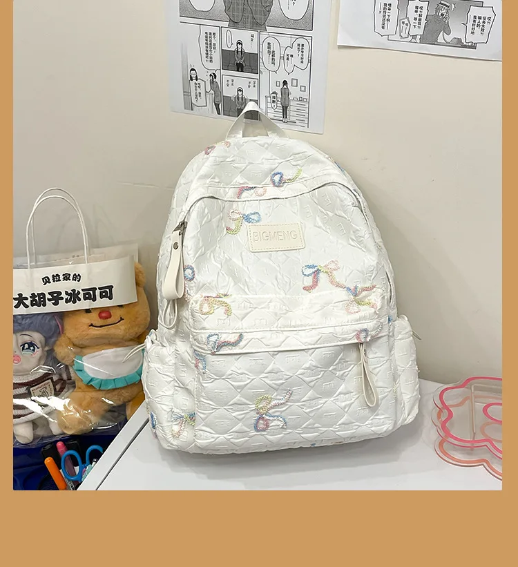 Colorful Bow Full Print Ruched Fabric Backpack Four Colors Available Large Capacity Girls Junior High High School School Bag