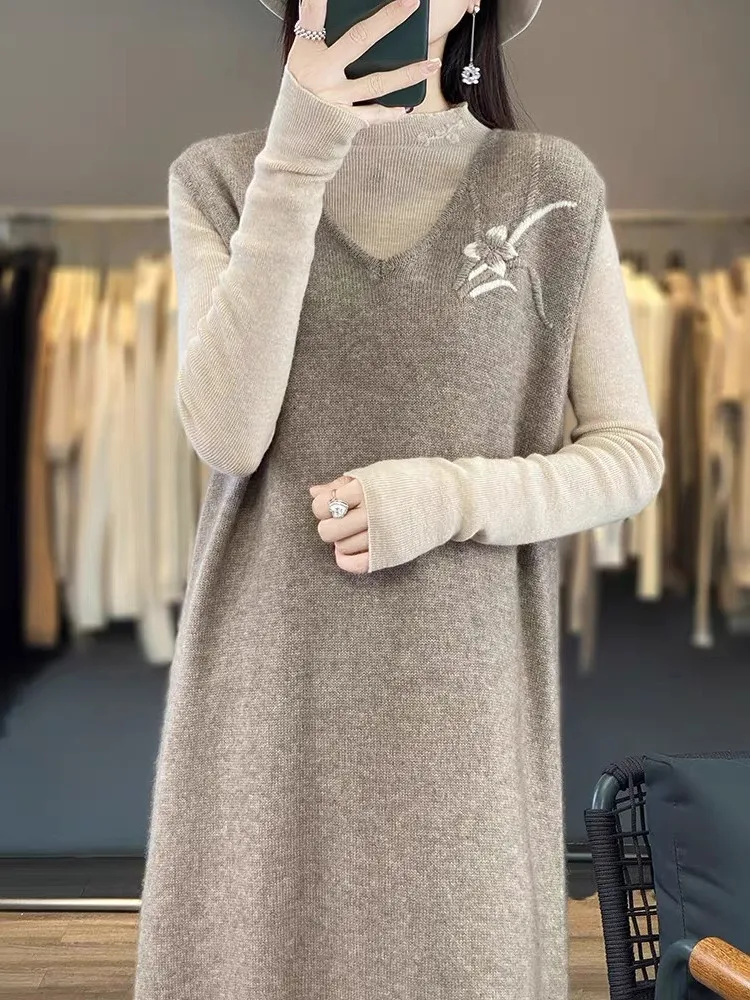 

Женский осенне-зимний вязаный шерстяной жилет Qingdao с вышивкой, средней длины, в корейском стиле, с V-образным вырезом