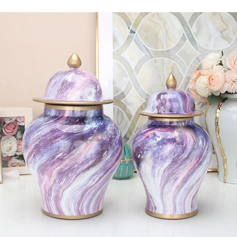Purple Nebula Pattern Ceramic Storage Jar Artificial Flower Vase Porcelain Jewelry Jars Cosmetic Containers Desk Decoration