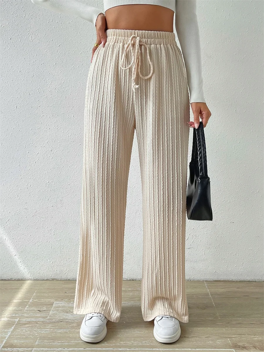 Women Knit Wide Leg Pants Textured Bow Elastic Waistband Loose Casual Pull On Sweater Trousers