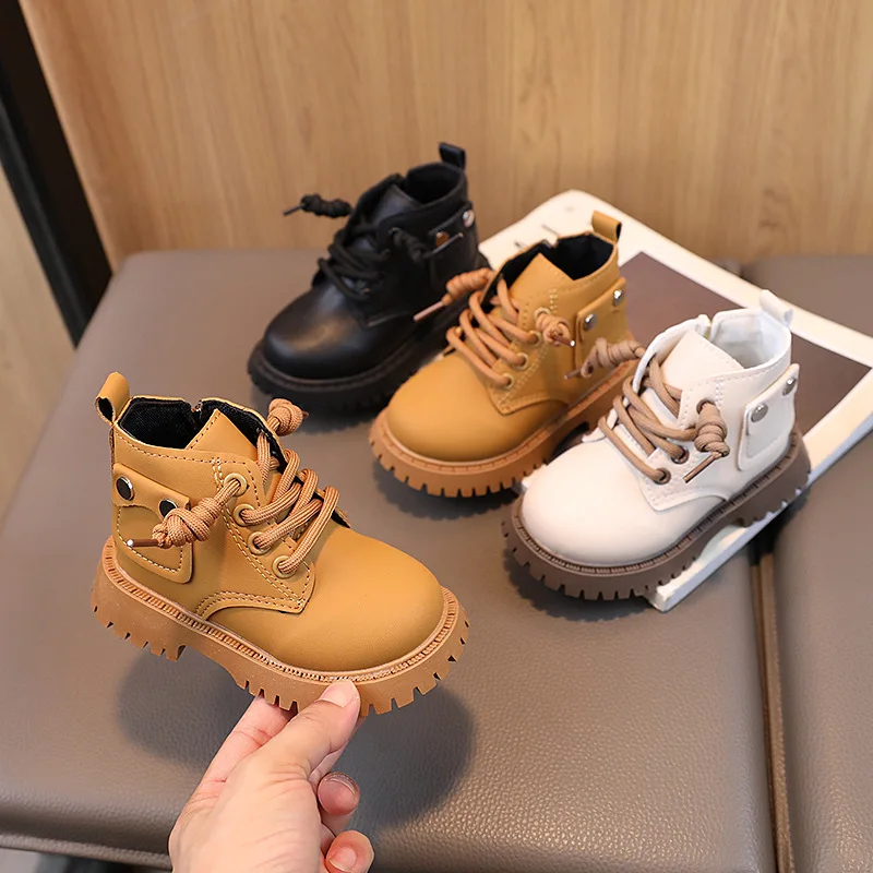 British Style Toddler Leather Boots Fashion Breathable Baby Casual Shoes Boy Girls Platform Short Boots Non- Slip Kids Sneakers