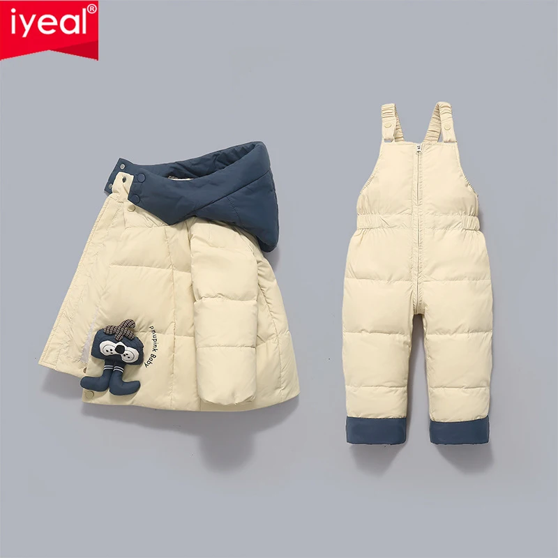 IYEAL 2025 Winter Kids Clothing Sets Big Fur Hooded Down Coat + Overalls Children Warm Snowsuit For Girls & Boys 1-4 Years