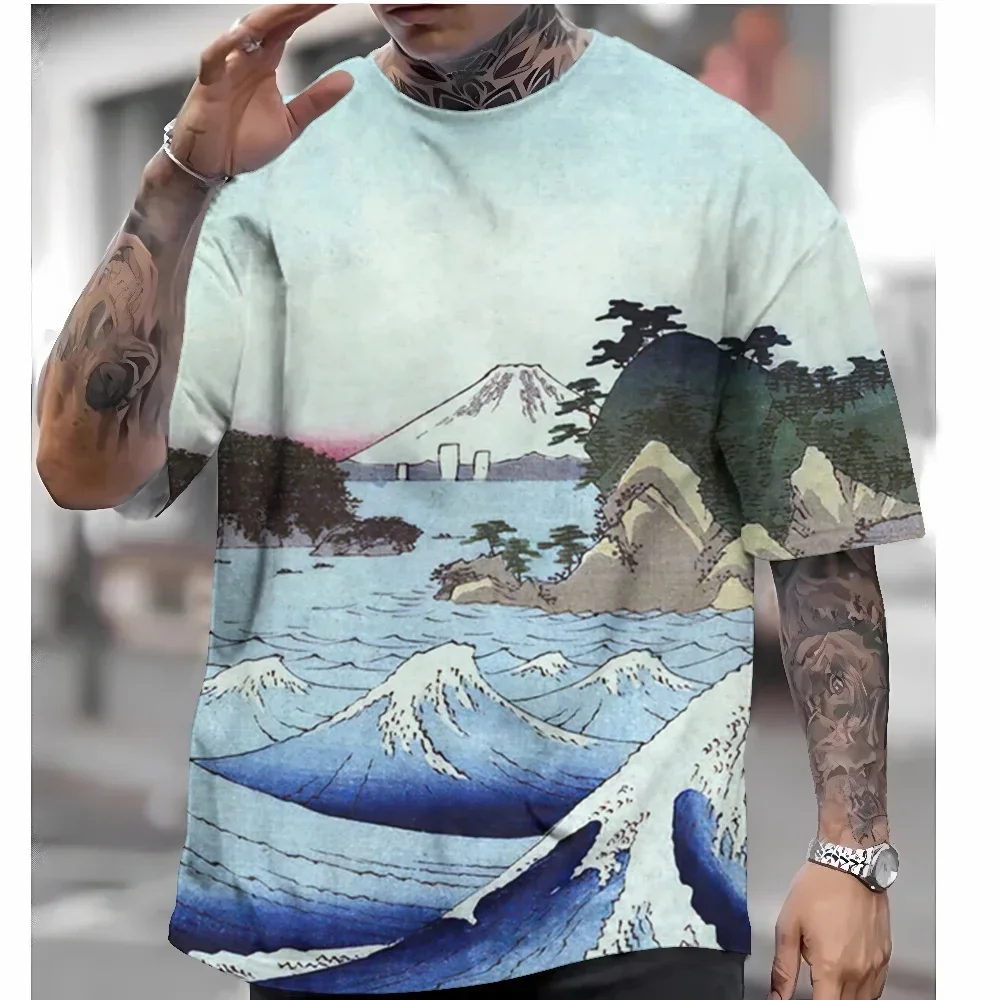 

Men's short sleeved T-shirt, Japanese ukiyo-e style clothing, summer large-scale street clothing, 2024 novelty