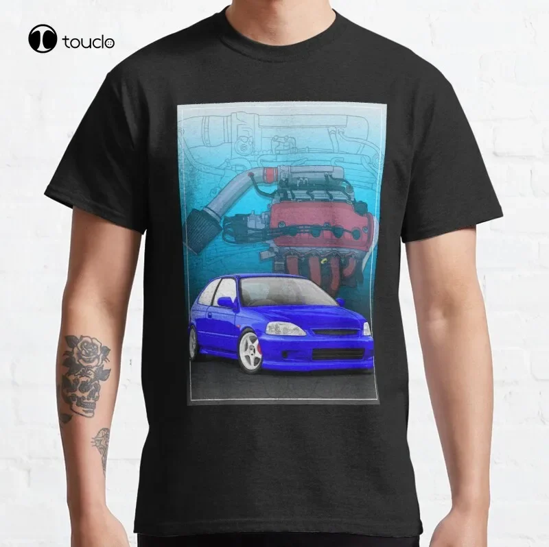 Cópia do Civic Ek Hatch com um fundo do motor D16 99 Civic Racing Type R Typer Civic Hatch Camiseta clássica de algodão