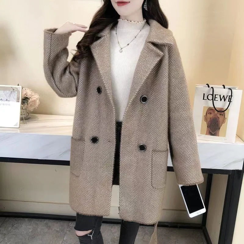 

Autumn Winter New Thicken Imitation Mink Velvet Woolen Jacket 2024 Women Fashion Hepburn Style Wool Blend Coat Elegant Outwear