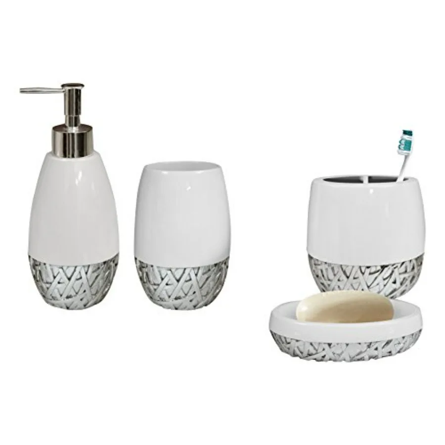 

Набор из 4 предметов для ванной комнаты Nu Steel Bali: мыльница, держатель для зубных щеток, стакан, дозатор для лосьона (премиум-качество, смола и хром)
