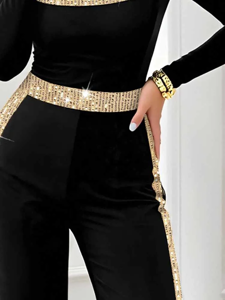 

Elegant Long Sleeve Color Blocked Playsuits Overalls Temperament Lady Wide Leg Romper Trendy Hollow Out Sequins Spliced Jumpsuit