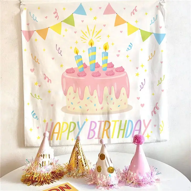 VIKAMA Cartoon Cake Candles Birthday Tapestry, Color Strips Happy Birthday Wall Hanging for Bedroom Living Room Decor