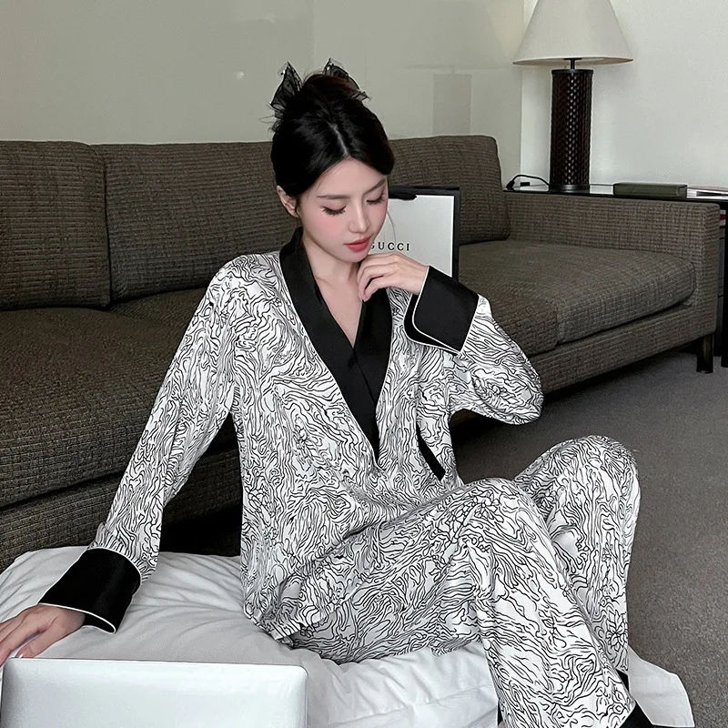 2025 Autumn Winter Ice Silk Women Pajamas Two Piece Set High-end Luxury Black White Ink Long Sleeve Pants Nightgown Sleepwear