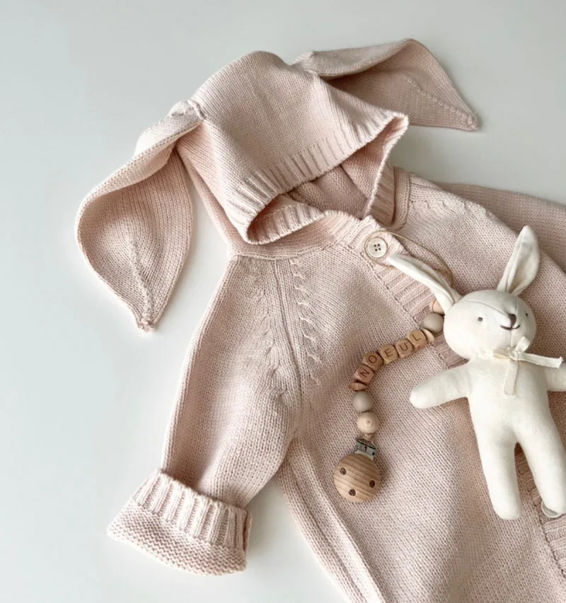 Knitted Baby Romper Newborn Hooded Baby Girl Boy Romper Clothes With Bunny Ear Cotton Infant Sweater Romper Toddler Jumpsuit