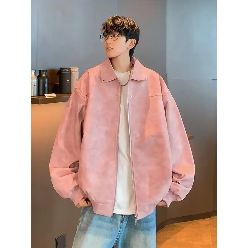 

Fall Winter Large Size Men's Brown Leather Jaet ort Baseball Sle Suede Velvet Faionable Trendy Streetwear Coat