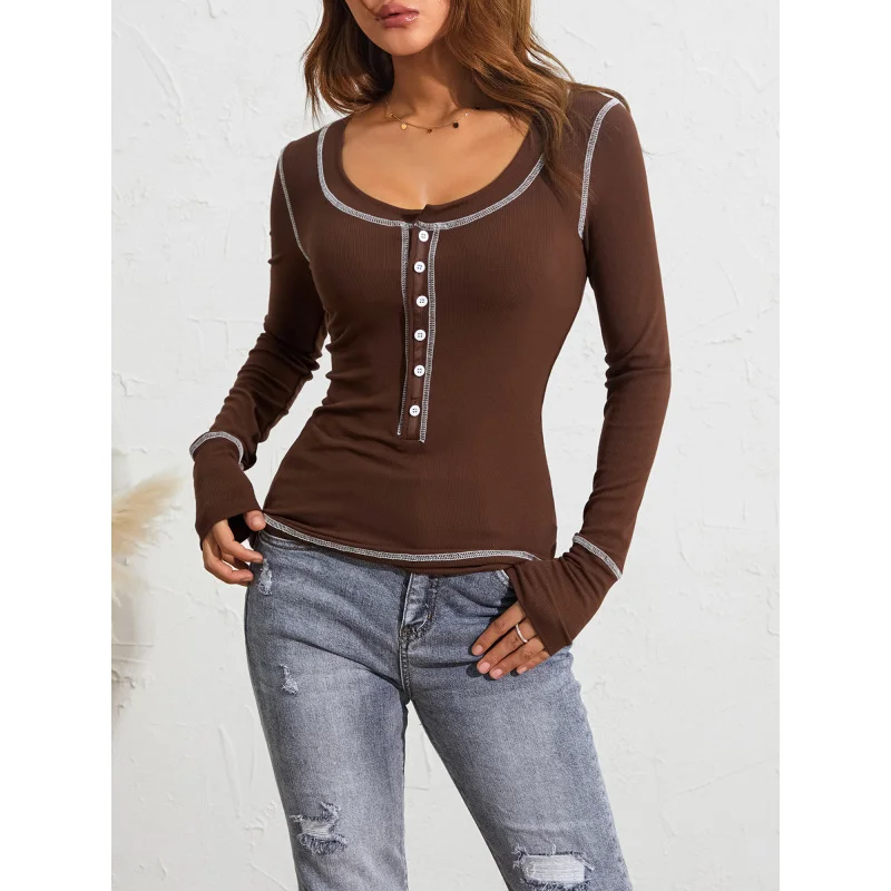 

1pc Women'S Casual Crew Neck-Shirt, Solid Color Knit Polyester Long Sleeve Top with Contrast Button Detail