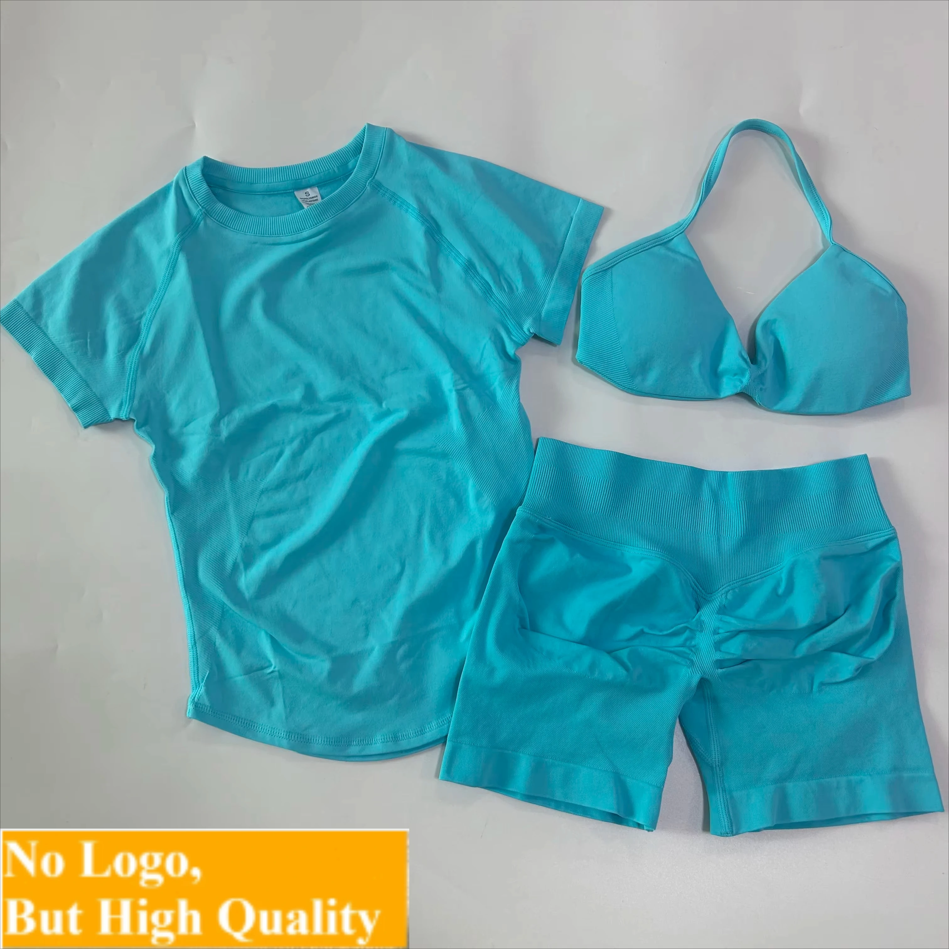 NO LOGO 3-pc Gym Set Women Strappy Yoga Bra + Longline Short Sleeve Sports Top +hip lift Workout Shorts Sports Seamless Yoga Set