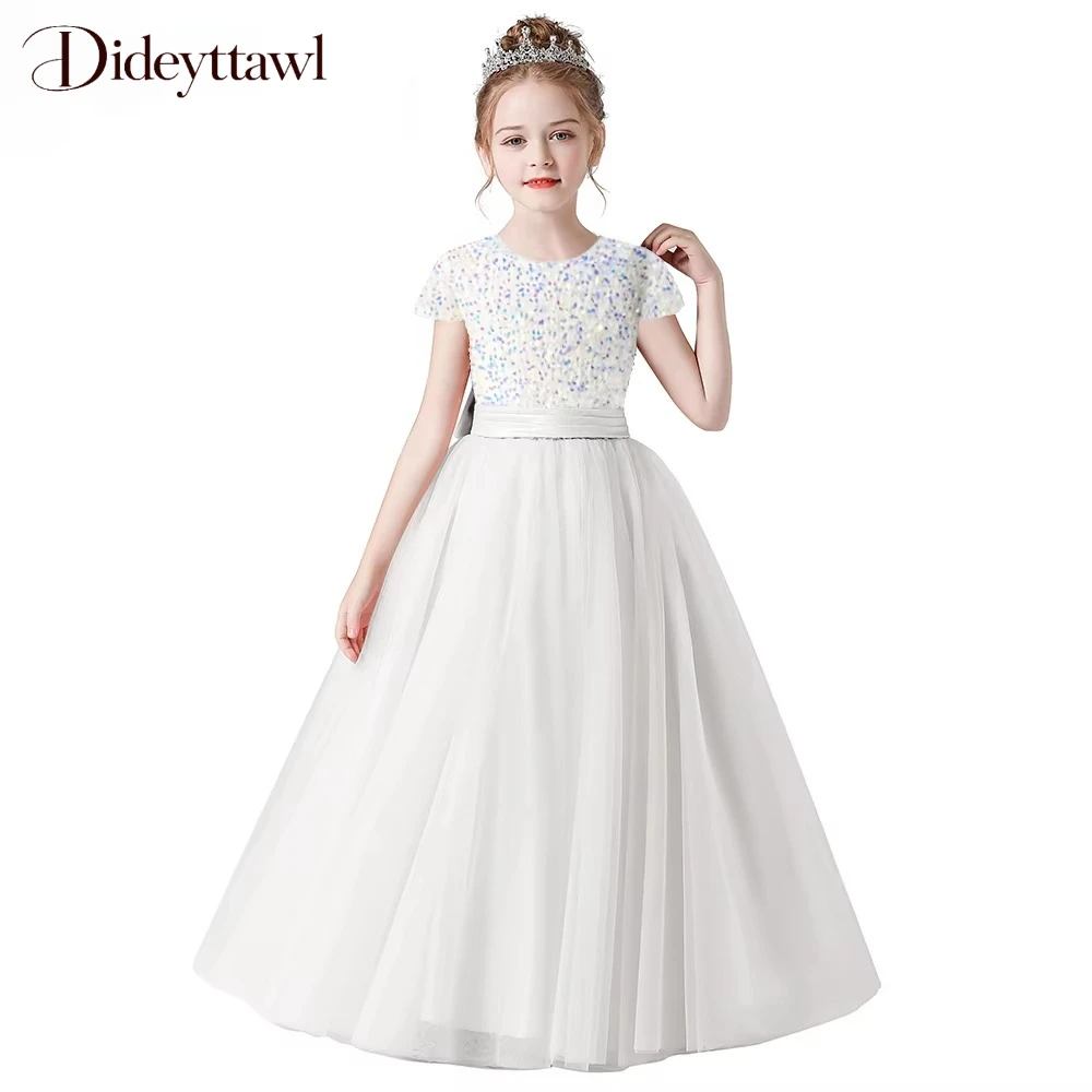 Dideyttawl Customized Sequin Cute Flower Girl Dresses  Wedding Birthday Concert Party Gown Short Sleeve First Communion Princess