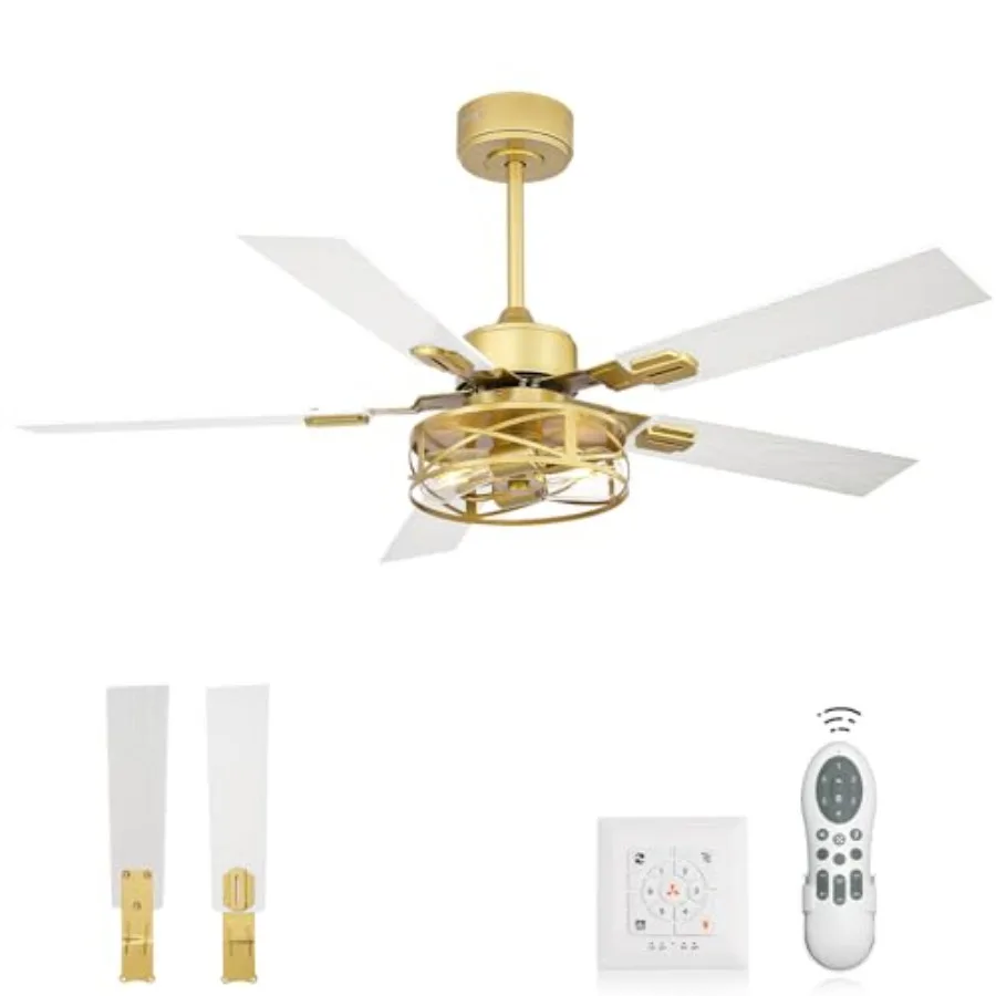 

Потолочные вентиляторы 48 дюймов с подсветкой, в стиле фермерского дома, с настенным выключателем и пультом ДУ, 5-скоростные, с реверсом, золотистая отделка, для улицы