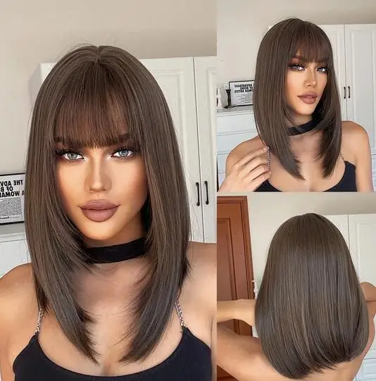 

Brown Straight Synthetic Wigs Middle Length Natural Wigs with Bangs for Women Heat Resistant Cosplay Daily Hair Wigs