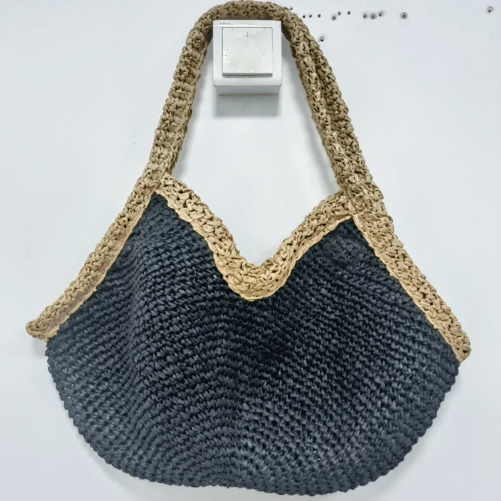 Colorblock Straw Woven Tote Bag,Women Summer Seaside Beach Boho Black Brown Color Contrast Shoulder Bag,Lightweight Handbag