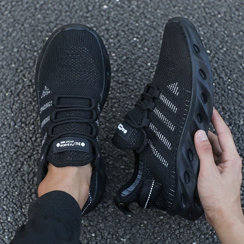 Men's Breathable Knit Sneakers Hollow Structure Sole Comfortable Walking Shoe Summer Fashionable Functional Casual Running Shoes