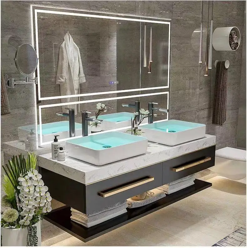 Luxury Large LED Backlit Smart Bathroom Mirror Cabinet with Sink Vanity for Modern Bathroom view 2