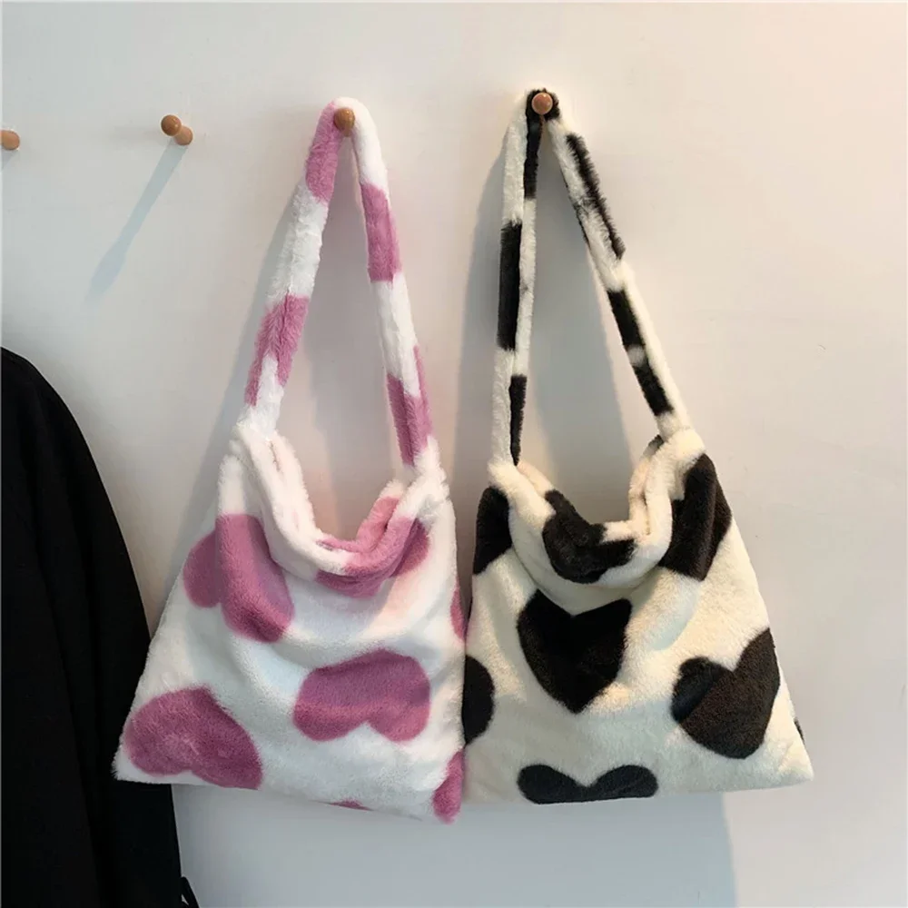 ผู้หญิง Soft Plush ไหล่กระเป๋า Love พิมพ์ฤดูหนาว WARM Fluffy Tote Retro Leopard กระเป๋ากระเป๋าเดินทางขนาดใหญ่