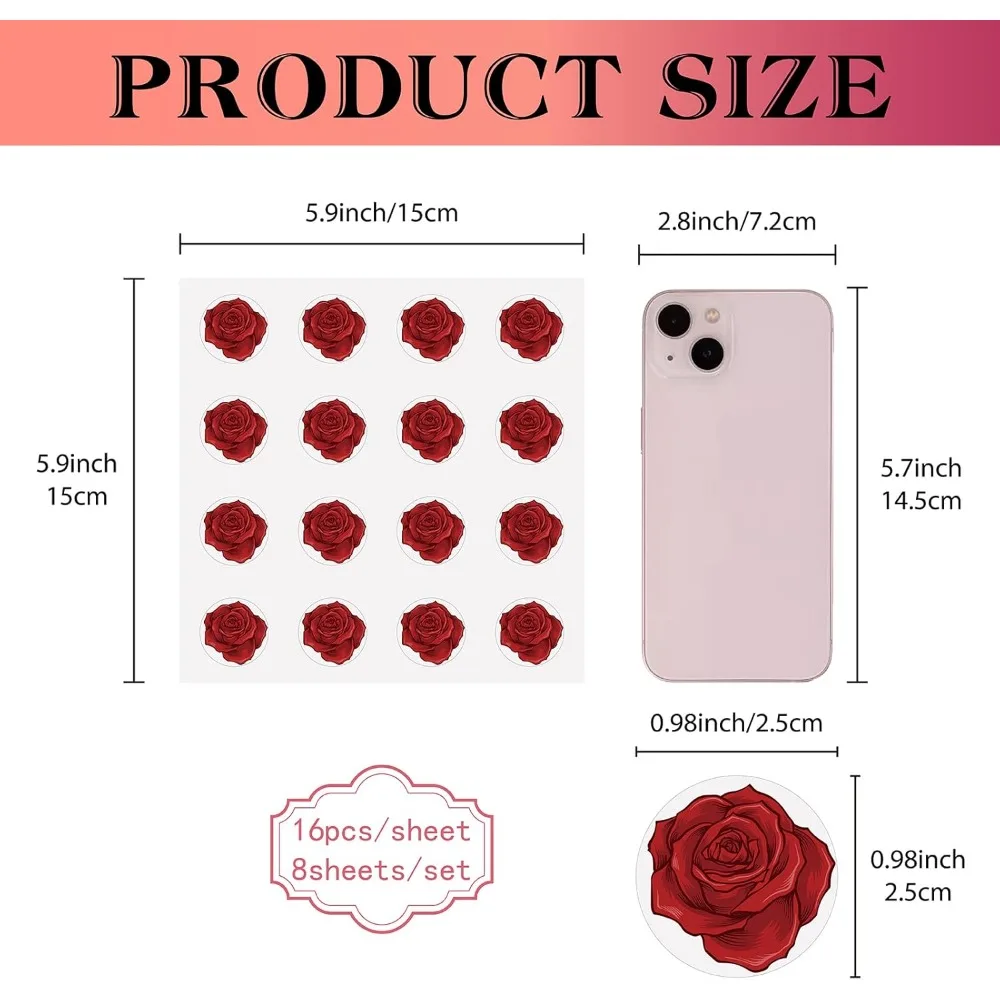 128Pcs Red Roses Stickers Flower Vinyl Decal Waterproof Planner Stickers for Water Bottle Laptop Phone Party Invitation Card